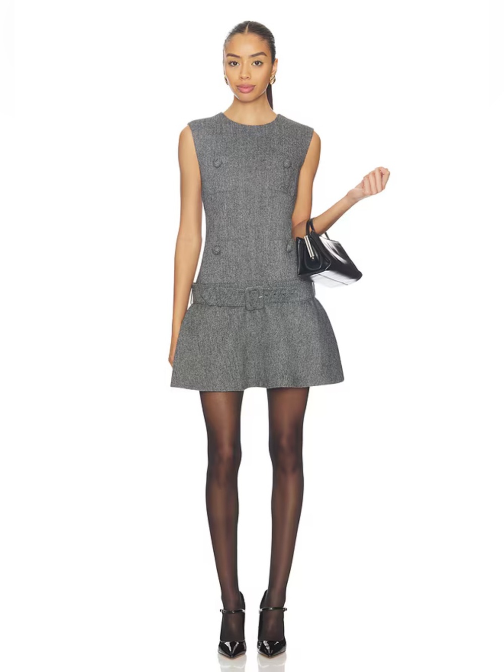 Self Portrait Herringbone Flared Belted Mini Dress in Grey New Size 2 $570